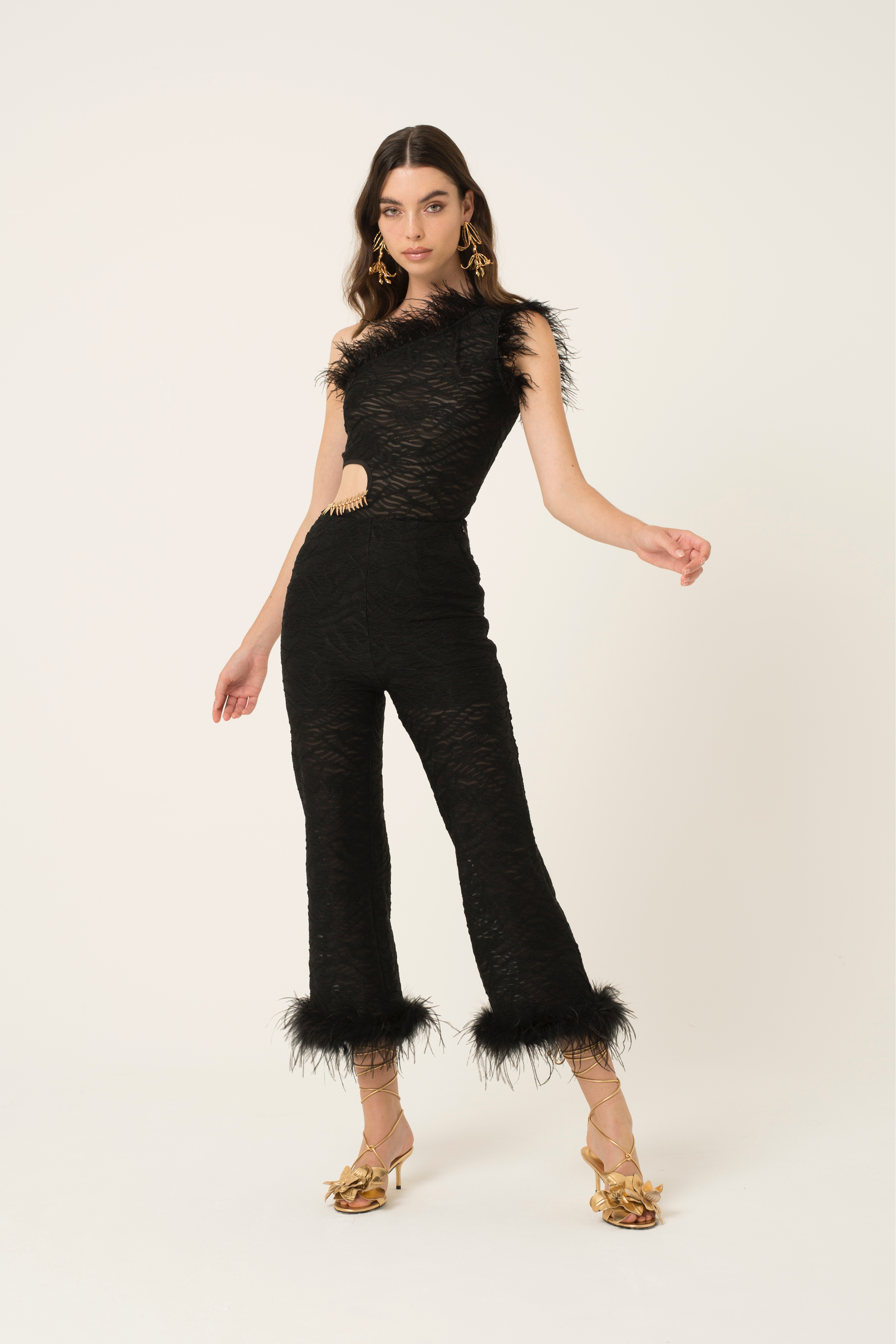 Danica Black Feather Trim Asymmetric Bodysuit